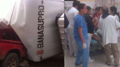 La escena del accidente en la primera foto. En la otra imagen los médicos atienden a los heridos en el Santa Rosa de Copán. Foto: Redinformativah