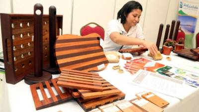 Una empresaria exhibe sus artesanías de madera en los quioscos de la Expo Ambiente 2015. Foto: Amílcar Izaguirre.