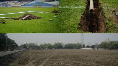 Removiendo y transportando en pequeñas piezas la grama, así comenzó el proyecto del estadio Morazán que concluirá con un nuevo césped híbrido por primera vez en su historia.