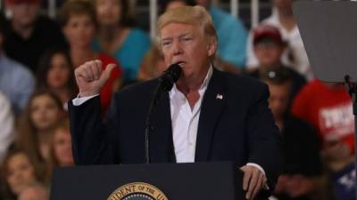 MELBOURNE, FL - FEBRUARY 18: President Donald Trump speaks during a campaign rally at the AeroMod International hangar at Orlando Melbourne International Airport on February 18, 2017 in Melbourne, Florida. President Trump is holding his rally as he continues to try to push his agenda through in Washington, DC. Joe Raedle/Getty Images/AFP== FOR NEWSPAPERS, INTERNET, TELCOS & TELEVISION USE ONLY ==