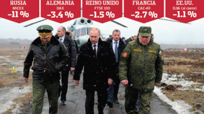Vladimir Putin (centro) visita instalaciones militares en la región de Leningrado