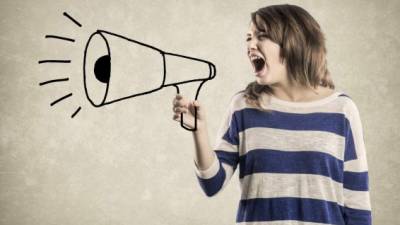 Teenage Girl, shouting in a hand drawn Megaphone. Nice texture Wall Background.