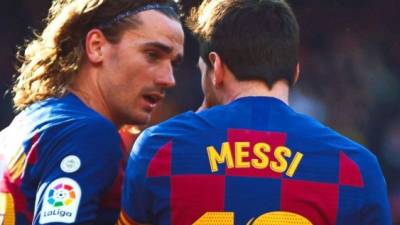 Mandatory Credit: Photo by ALEJANDRO GARCIA/EPA-EFE/REX (10564064l) FC Barcelona's Argentinian striker Lionel Messi (R) celebrates with teammate Antoine Griezmann (L) after scoring a goal during the Spanish La Liga soccer match between FC Barcelona and SD Eibar at Camp Nou in Barcelona, Spain, 22 February 2020. FC Barcelona vs SD Eibar, Spain - 22 Feb 2020