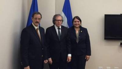 Mauricio Villeda líder del Partido Liberal junto con Luis Almagro y la diputada Gabriela Núñez.