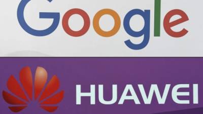 (COMBO) This combination of file pictures created on May 19, 2019 shows the logo of the US multinational technology company Google during the VivaTech trade fair (Viva Technology) on May 24, 2018 in Paris and the logo of Chinese electronics firm Huawei pictured during a presentation of the new Huawei Mate 9 high-end-phablet at the Huawei Global Product Launch on November 3, 2016 in Munich. - US internet giant Google, whose Android mobile operating system powers most of the world's smartphones, said on May 19, 2019 it was beginning to cut ties with China's Huawei, which Washington considers a national security threat. (Photos by ALAIN JOCARD and CHRISTOF STACHE / AFP)