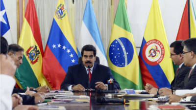 El presidente de Venezuela, Nicolás Maduro hoy en Caracas durante la reunión de la Unasur.