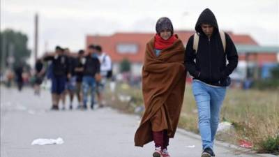 Refugiados cruzan la frontera en la localidad austríaca de Nickelsdorf, tras salir desde Hungría. EFE