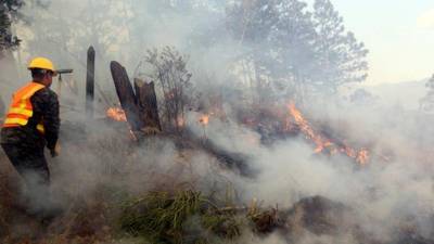 Militar hondureño se esfuerza por apagar un incendio en una montaña.