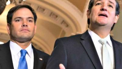 El republicano Ted Cruz con su competidor el demócrata Marco Rubio.