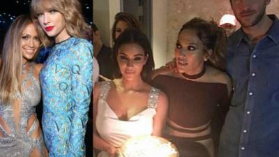 Jennifer López en una foto con Taylor Swift. En la otra imagen aparece con Kardashian, Jennifer López y Calvin Harris.