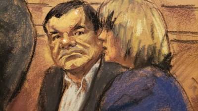 Reproducción fotográfica de un dibujo realizado por la artista Jane Rosenberg donde aparece el narcotraficante mexicano Joaquín 'El Chapo' Guzmán. EFE