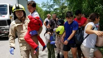 Elementos del Cuerpo de Bomberos auxiliaron a los turistas salvadoreños que se accidentaron en el microbús.