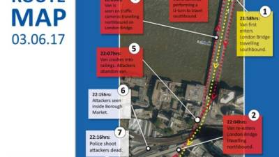 Imagen de la ruta que siguieron los terroristas de Londres el día de los ataques, facilitada por la Policía británica. EFE
