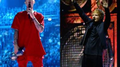 Justin Bieber y Ed Sheeran durante los EMA en Milan, Italia.