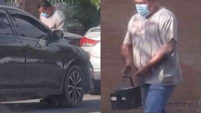 Capturas del video donde se ve al hombre sustraer la bateria al carro estacionado en la avenida circunvalación en San Pedro Sula.