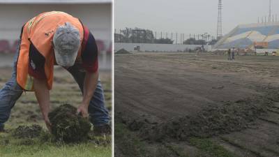 La grama del estadio Morazán de San Pedro Sula está siendo removida para colocar una nueva y el terreno de juego luce despoblado.