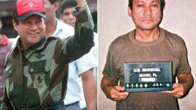 (FILES) These two file photos show Panamanian General Manuel Noriega taken on 04 October, 1989 in Panama (L) and 04 January, 1990 in Miami (R). Offials say Noriega has died on May 29, 2017. The ex-dictator, long on the CIA payroll, was ousted by a US military invasion in 1989, ending his six-year reign. After serving time in the US on drug trafficking and money laundering charges, he was sent to France in 2010 and convicted on money laundering charges. The following year he was extradited to Panama, where he was sentenced for the disappearance of political opponents during his time in power. / AFP PHOTO / DSK