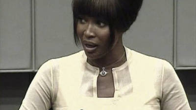 A frame grab shows British supermodel Naomi Campbell testifying at the war crimes trial of former Liberian President Charles Taylor at the U.N. Special Court for Sierra Leone in Leidschendam August 5, 2010. Campbell said on Thursday she had been given a pouch containing small, rough diamonds while in South Africa but did not know who they were from. REUTERS/Special Court for Sierra Leone (NETHERLANDS - Tags: CRIME LAW POLITICS PROFILE IMAGES THE DAY) FOR EDITORIAL USE ONLY. NOT FOR SALE FOR MARKETING OR ADVERTISING CAMPAIGNS