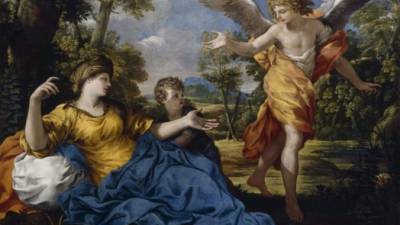 Fotografía cedida donde se muestra la obra 'Agar y el ángel' (1643) del artista itlaiano Pietro da Cortona que forma parte de la exposición 'Mujeres peligrosas' que se inaugura en el Museo de Arte Patricia y Phillip Frost en Miami, Florida. EFE/Frost Art