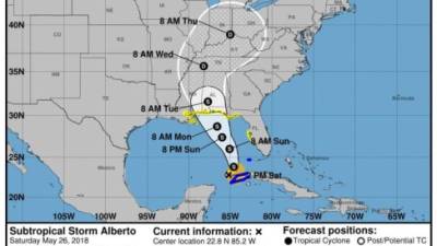 A handout graphic made available on 26 May 2018 by the US National Hurricane Center (NHC) shows a 5-day forecast of the possible development and path of subtropical storm Alberto. EFE/NHC