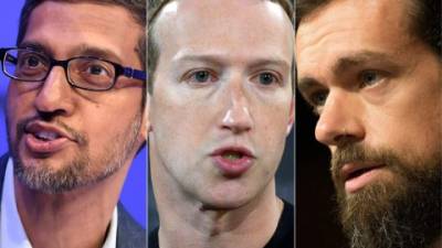 Los CEOS de Google, Sundar Pichai; Facebook, Marck Zuckerberg; y Twitter, Jack Dorsey debieron rendir cuentas ante el Congreso de EEUU./AFP.