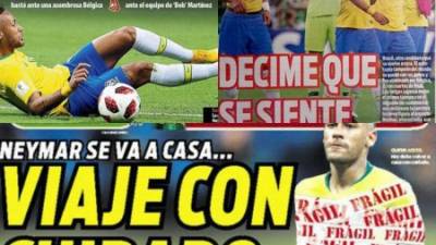 Diversos medios internacionales tienen sus portadas imagen del sufrimiento de Neymar, y de todo un pueblo que se ilusionaba con conquistar el Mundial de Rusia 2018. Brasil le dijo adiós a la Copa del Mundo tras caer 2-1 ante Bélgica en cuartos de final.