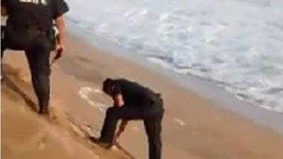 Los agentes Arturo Barajas Hernández y Humberto Ramírez, fueron despedidos luego de que un video subido a YouTube captara el momento en que lanzaban los huevos de tortuga al mar. Foto YouTube