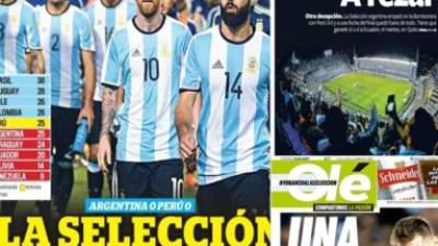 Los principales diarios de información general y deportiva de Argentina destacaron hoy 'el drama' y la 'decepción' tras el empate sin goles de la selección Albiceleste este jueves ante Perú, lo que genera al conjunto de Leo Messi más dificultades para llegar al Mundial de Rusia de 2018.