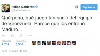 El tuit de Felipe Calderón que encendió a los venezolanos durante el enfrentamiento con la selección de Colombia por la Copa América.