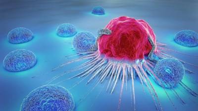 3d illustration of a cancer cell and lymphocytes