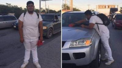 César David Caballero limpiando carros para poder pagar sus estudios universitarios.