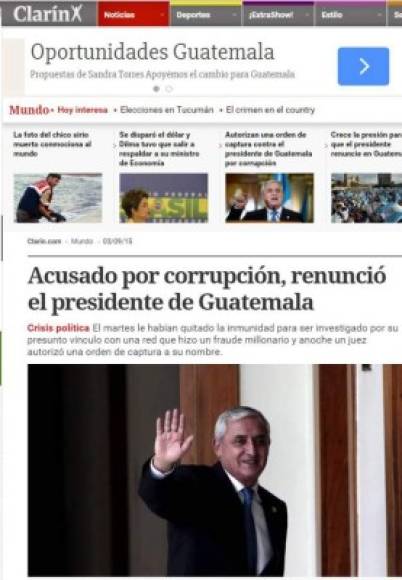 Diario Clarín de Argentina informa sobre la renuncia de Otto Pérez.