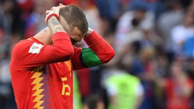 Spain's defender Sergio Ramos reacts to Russia's victory after the penalty shootout at the end of the Russia 2018 World Cup round of 16 football match between Spain and Russia at the Luzhniki Stadium in Moscow on July 1, 2018. / AFP PHOTO / Kirill KUDRYAVTSEV / RESTRICTED TO EDITORIAL USE - NO MOBILE PUSH ALERTS/DOWNLOADS