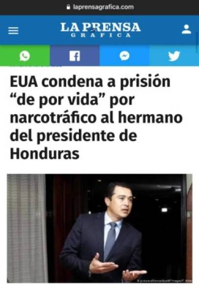 La Prensa Gráfica El Salvador: EUA condena 'de por vida' por narcotráfico al hermano del presidente de Honduras. <br/>