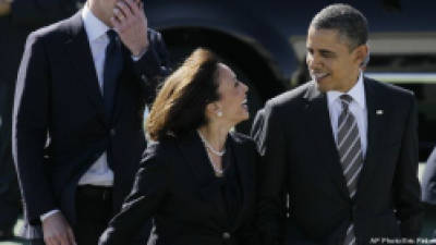 President Barack Obama walks with California Attorney General Kamala Harris, center, and California Lt. Gov. Gavin Newsom, after arriving at San Francisco International Airport in San Francisco, Thursday, Feb. 16, 2012. President Obama is spending the night in San Francisco attending a number of private fundraising events. (AP Photo/Eric Risberg)