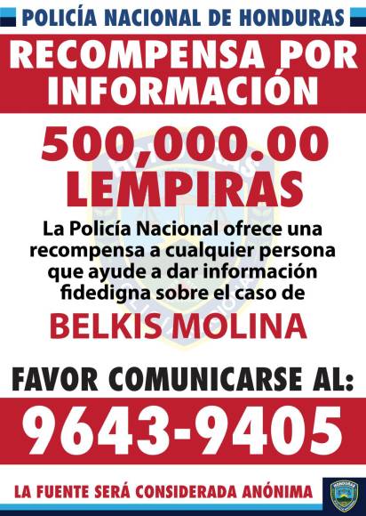 La recompensa que ofrece la Policía Nacional por información de la desaparición de Belkis Molina. 