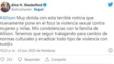 La representante de la ONU Alice Shackelford reaccionó tras la muerte de Allison Argueta.