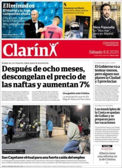 Clarín (Argentina) - 'Eliminados'. 'El Madrid y la Juve, campeones afuera. City y Lyon, a cuartos en la Champions'.