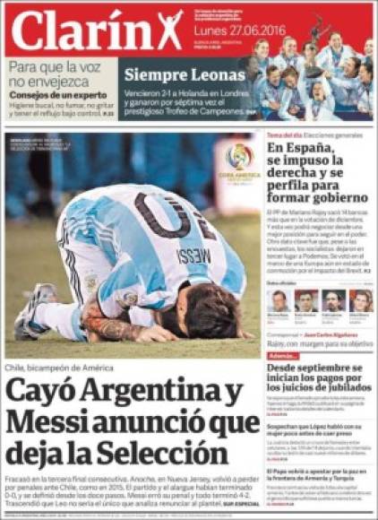 Clarín: 'Cayó Argentina y Messi anunció que deja la Selección'.
