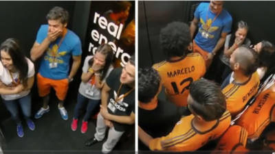 cuatro jóvenes ganadores de una promoción de Adidas fueron sorprendidos en el ascensor por los jugadores del Madrid.