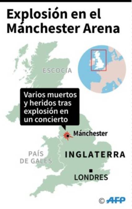 Localización de la ciudad de Mánchester, en Reino Unido, donde 19 personas murieron y otras resultaron heridas en un concierto de la cantante estadounidense Ariana Grande. Foto:AFP