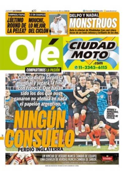 Portada del diario Olé: 'Ningún consuelo. Perdió Inglaterra'.