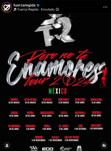 Y es que Fuerza Regida se encuentra en el país azteca de gira musical con su show “Pero no te Enamores tour 2024”, misma que arrancó desde el 24 de marzo en la ciudad de México y desplegada por varias ciudades del país incluida Monterrey, Aguas Caliente, Mérida, Tuxtla, Querétaro, Guadalajara, Cancún, entre otras.
