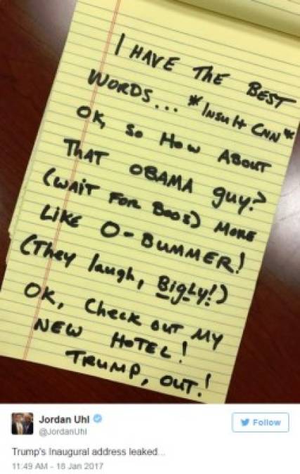 Otros afirmaron que el discurso se filtró y decía: Tengo las mejores palabras... *insultar a CNN* ok, ¿qué piensan del tal Obama? (Esperar los abucheos) Más un O-bummer (Se ríen, en grande) Ok, Revisen mi nuevo hotel, Trump.