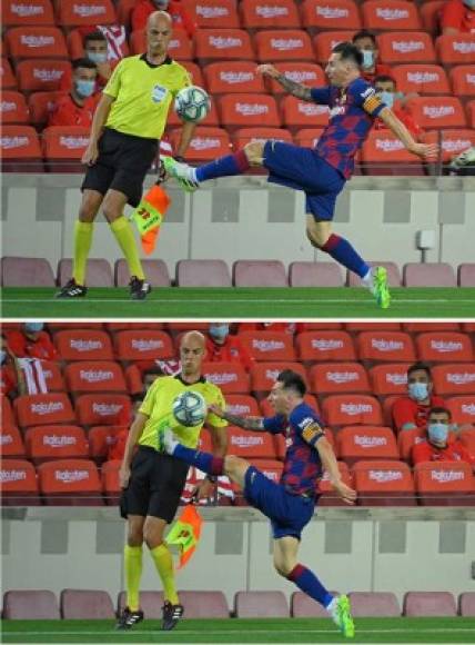 Messi bajando el balón por la banda y la cara que hizo el árbitro asistente.