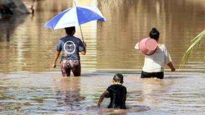 Fotografía del 30 de noviembre de 2020 de un niño que camina por aguas estancadas dejadas por las inundaciones causadas por las tormentas tropicales Eta y Iota en la comunidad de Omonita al norte de Honduras. El 2020 fue el año récord de los huracanes. Foto: EFE/Germán Reyes/Archivo