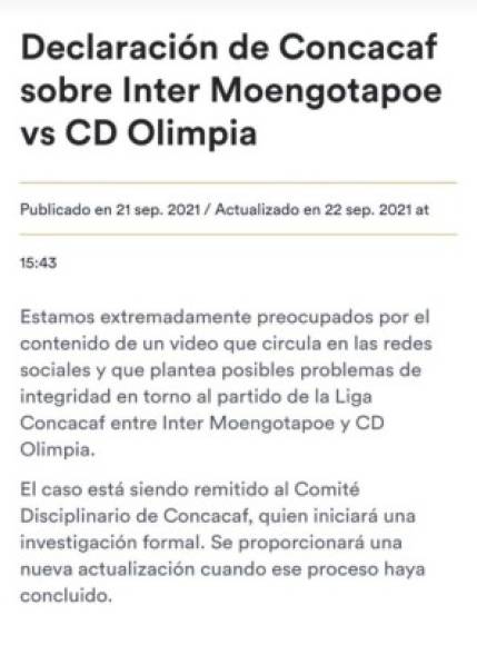 Concacaf anuncia investigación del partido entre el Inter Moengotapoe de Surinam y el Olimpia, debido al video que circula en redes sociales: 'El caso está siendo remitido al Comité Disciplinario de Concacaf, quien iniciará una investigación formal', señalaron.