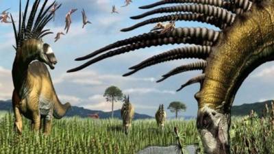 Los saurópodos y caracterizada por unas largas espinas óseas que cubren su cuello y espalda.