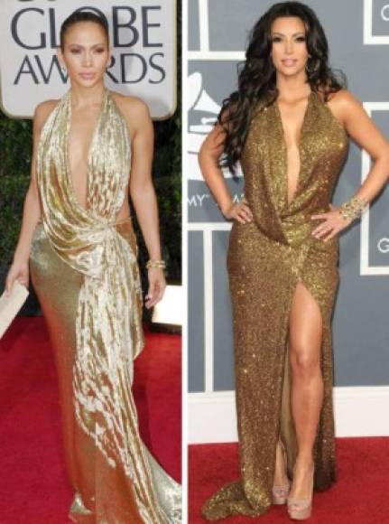 A la izquierda, Jennifer Lopez lleva un vestido dorado de Marchesa a los Globo de Oro de 2009. Kim Kardashian llevó uno muy parecido de KaufmanFranco a los Grammy tres años más tarde.