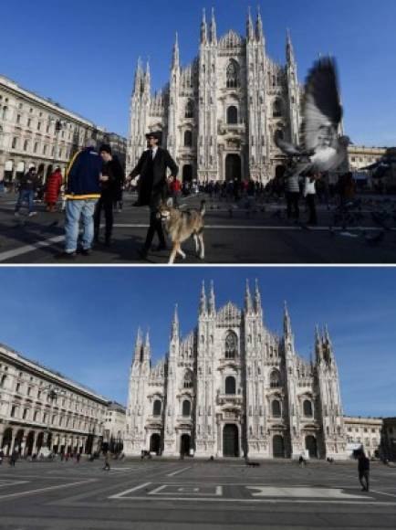 Comparativo fotográfico muestra a la Piazza del Duomo y la catedral en el centro de Milan antes y después de la emergencia decretada por el coronavirus. <br/><br/>Sesenta millones de italianos enfrentan su segundo día 'en casa' para tratar de contener la epidemia de coronavirus, al tiempo que en Estados Unidos se anunció el despliegue de la Guardia Nacional en una 'zona de contención' a 45 minutos de Manhattan.